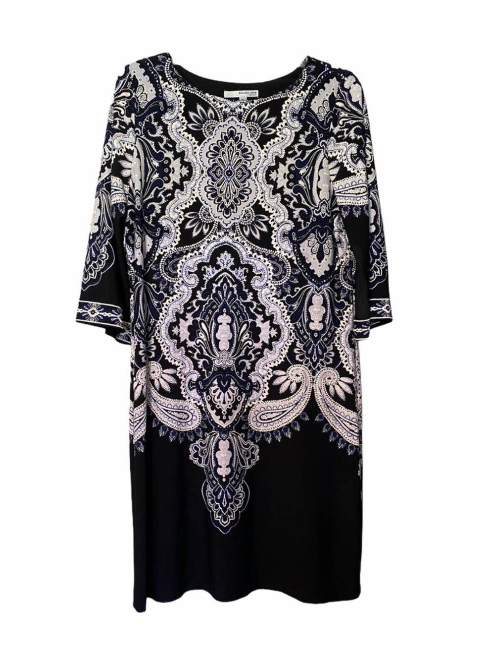 Studio One Black and White Paisley-Print Midi Dress